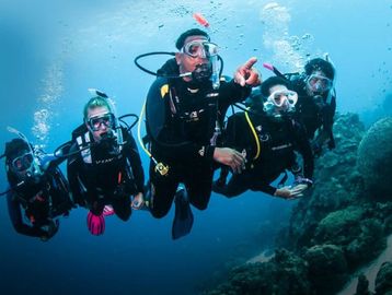 A group of scuba divers exploring underwater coral reefs.