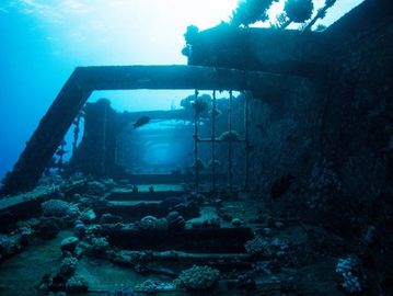 Underwater shipwreck covered in coral and marine life.