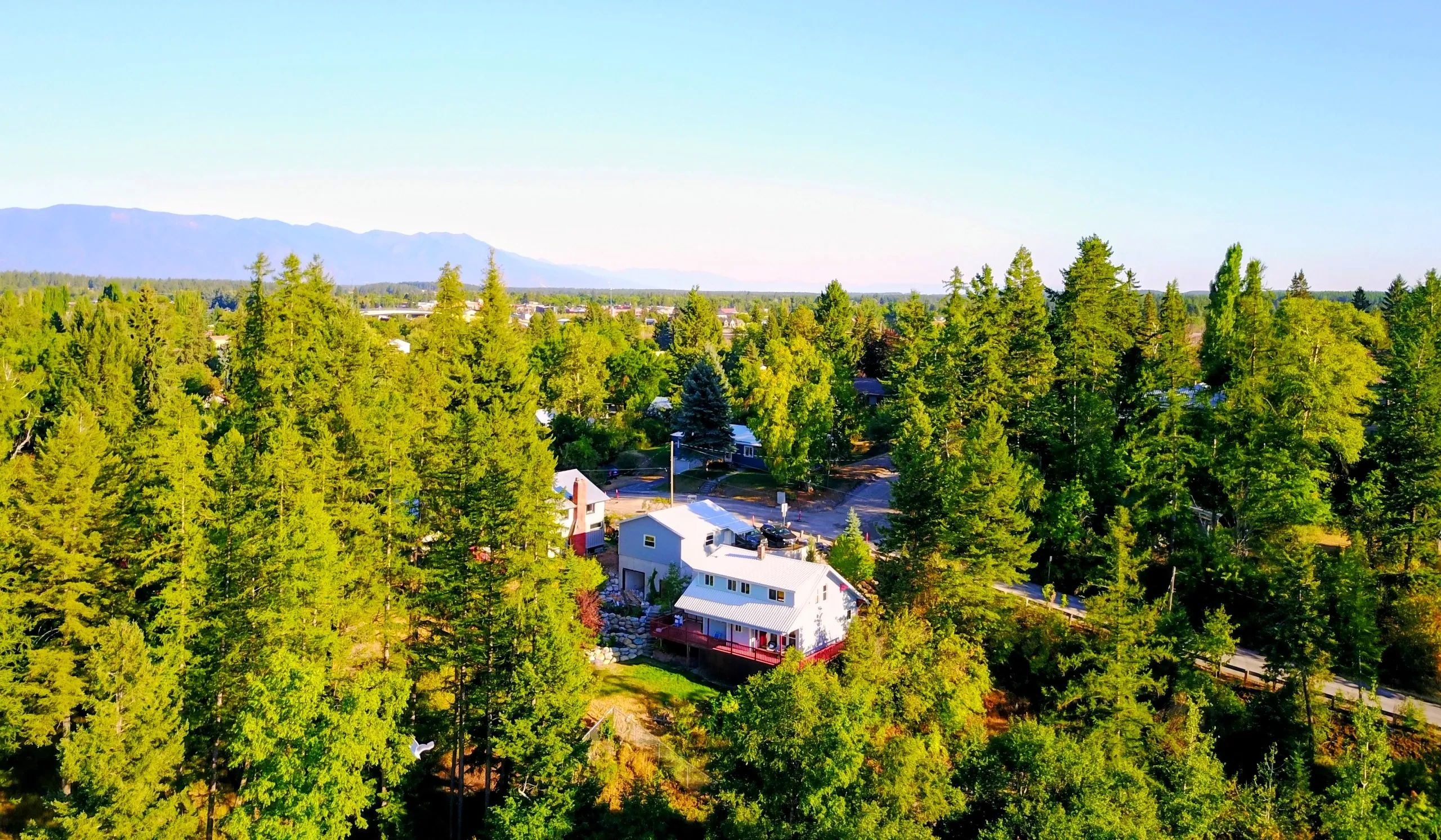 House surrounded by dense green trees under clear blue sky with mountains in the distance.