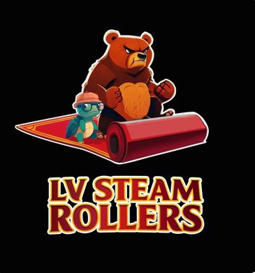 A fierce bear and a turtle on a steamroller with 'LV Steam Rollers' text.