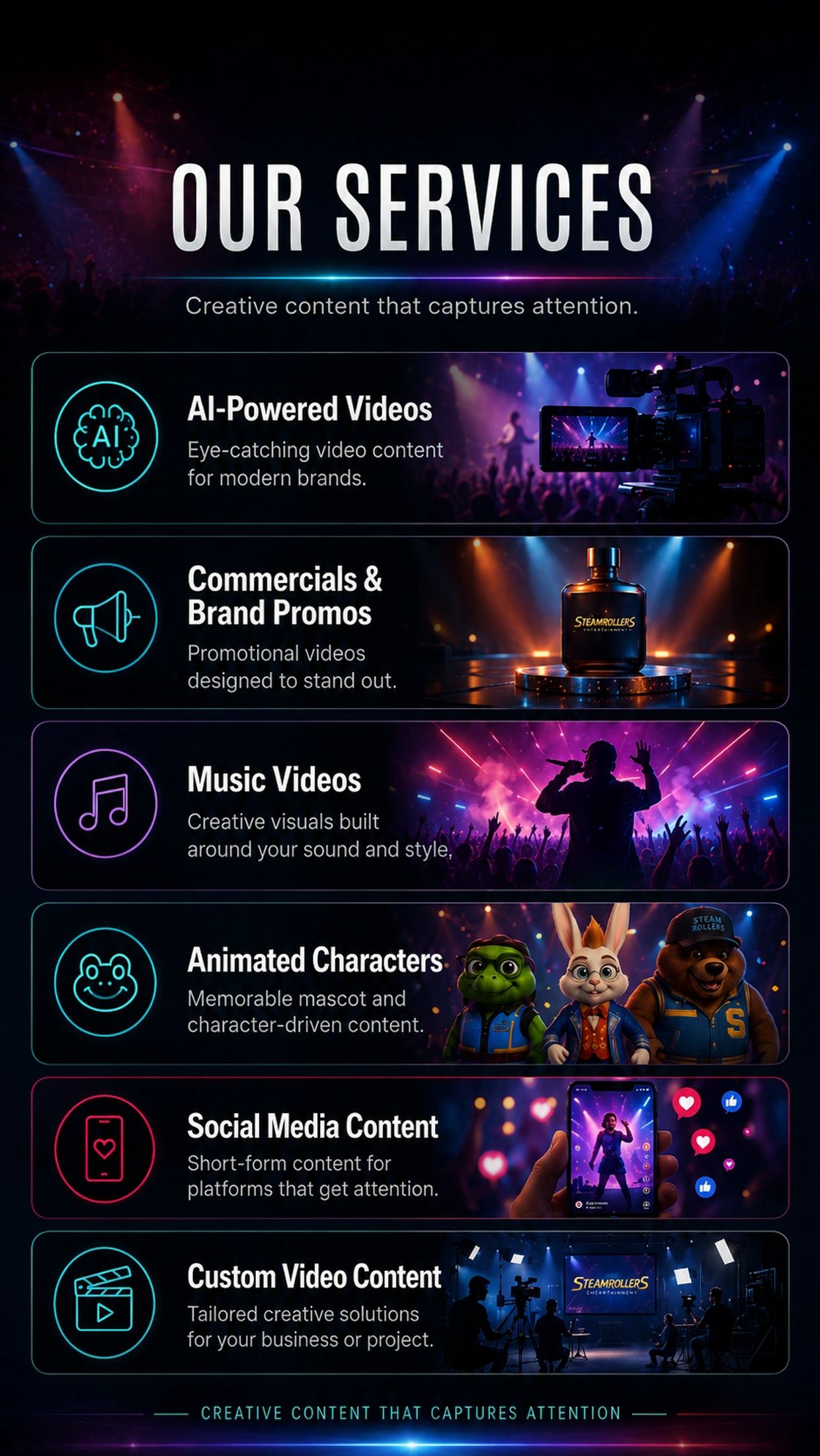 Overview of creative video production services offered by Steamrollers Entertainment.
