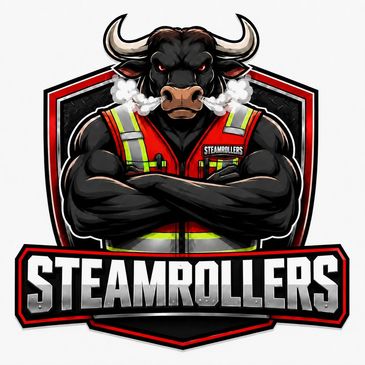 Fierce bull mascot with steam and reflective vest for Steamrollers team.