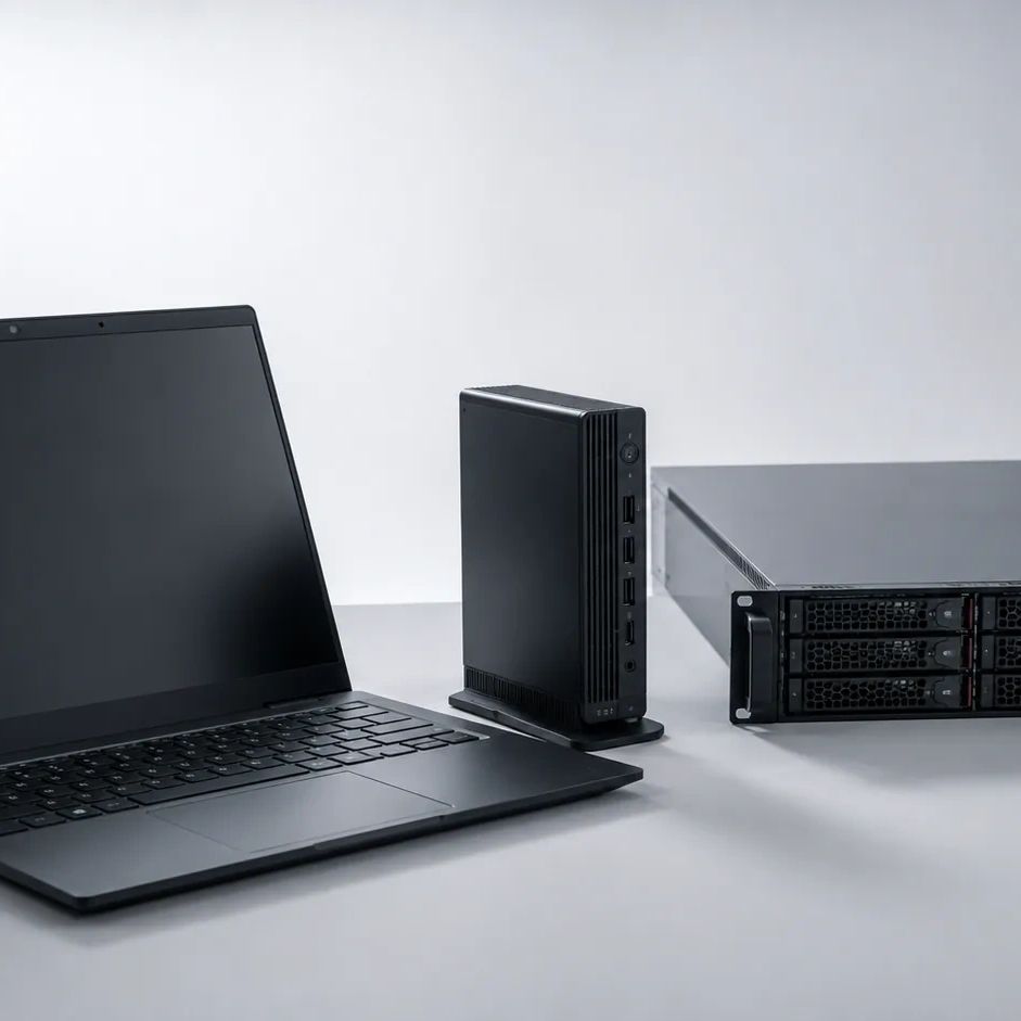 Laptop, mini PC y servidor en escritorio blanco.