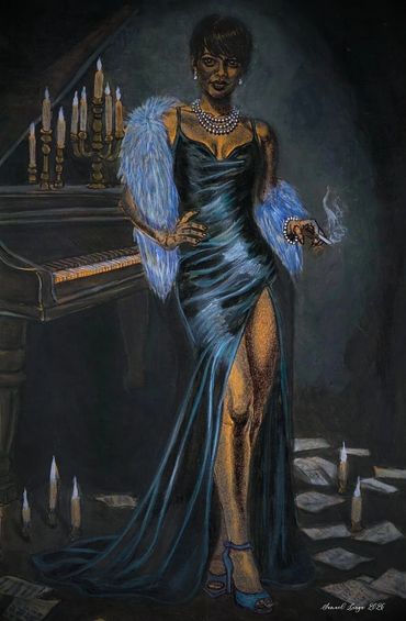 Elegant woman in a dark satin gown with a blue fur stole, standing by a piano surrounded by candles.