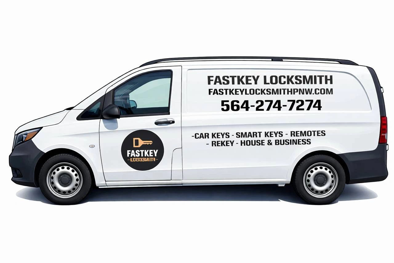 White locksmith van with Fastkey Locksmith branding and contact details.