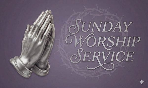 Silver praying hands with Sunday worship service text.