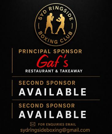 Syd Ringside Boxing Club sponsors poster with main sponsor Gaf's and available second sponsor slots.