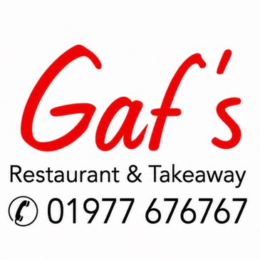 Logo for Gaf's Restaurant &amp; Takeaway with phone number.