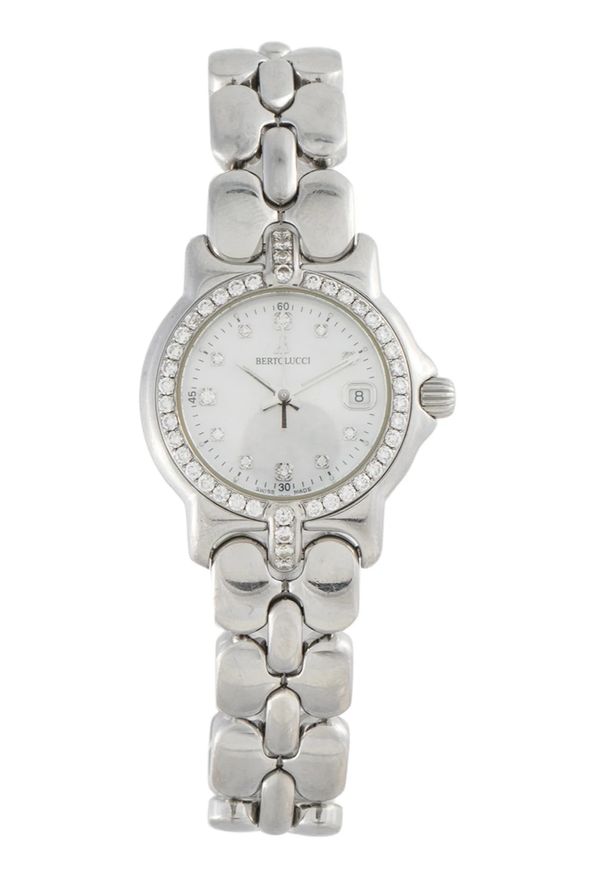 Silver Bertolucci wristwatch with diamond accents and date display.