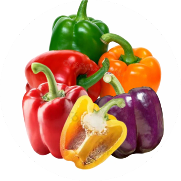 Variety of colorful bell peppers including green, red, yellow, orange, and purple.