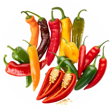 Variety of colorful chili peppers.