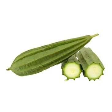 Whole and cut angled luffa on white background.