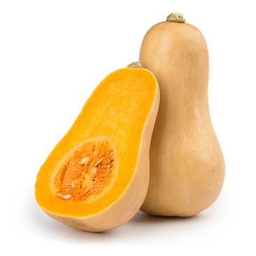 Whole and halved butternut squash on white background.