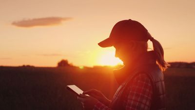 A young woman standing in front of the setting sun. She is wearing a cap and looking at a phone.