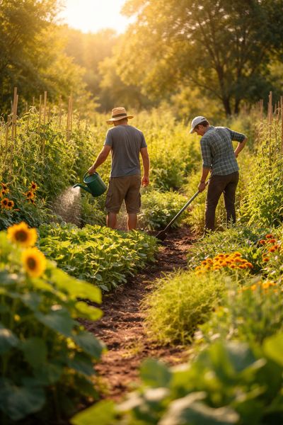 Two men tending a lush garden in warm sunlight.