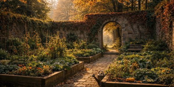 A serene garden with autumn foliage and an arched stone gateway.