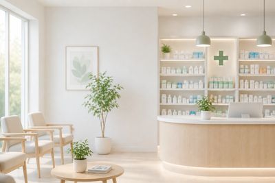 Bright and modern pharmacy interior with wooden furniture and plants.