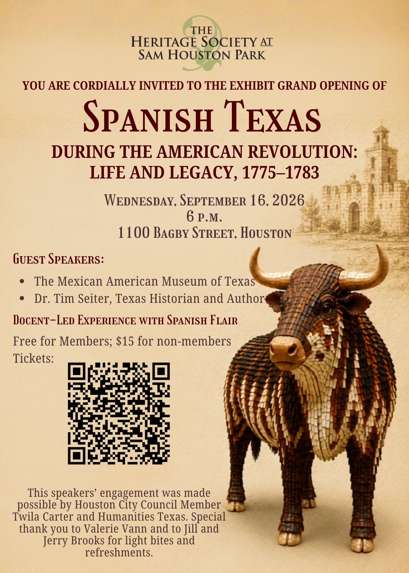 Invitation to Spanish Texas exhibit opening at Sam Houston Park, Sept 2026.