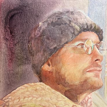 M with grandfathers glasses, sidevieuw.
Watercolor on diy claybord, 25x25 cm