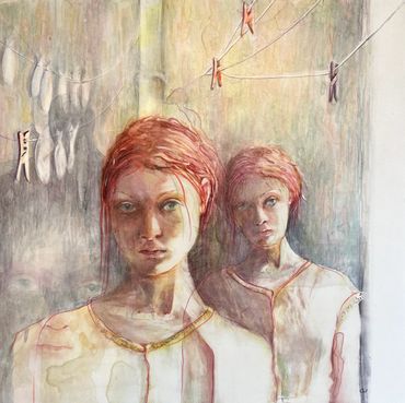 Two girls standing in a bleak room, wash lines above them
30x30 cm, claybord