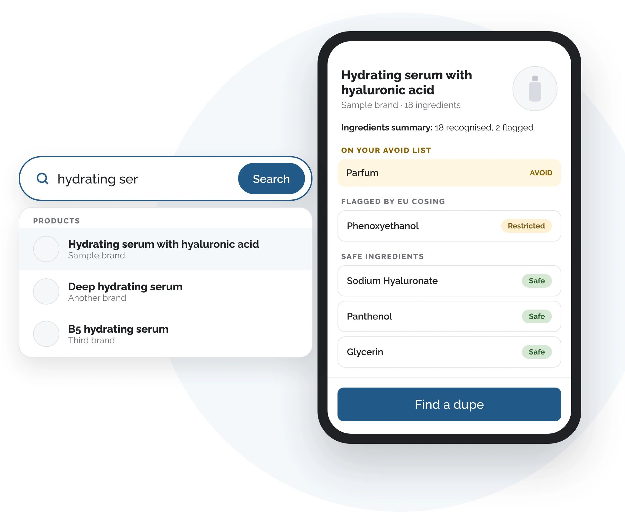 InciSmart app: searching for a hydrating serum by name, and the product's ingredients rated against 