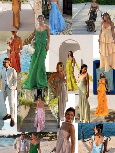 Collage of elegant summer dresses and suits in vibrant colors at outdoor locations.