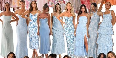 Group of women modeling elegant light blue dresses in a floral-themed setting.