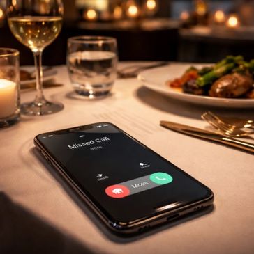 Smartphone on a restaurant table showing a missed call from mom.