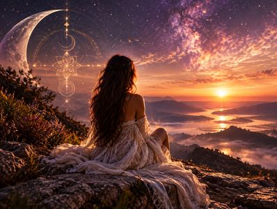 Woman overlooking a mystical sunset landscape with sacred geometry — Divine Soul Lifestyle