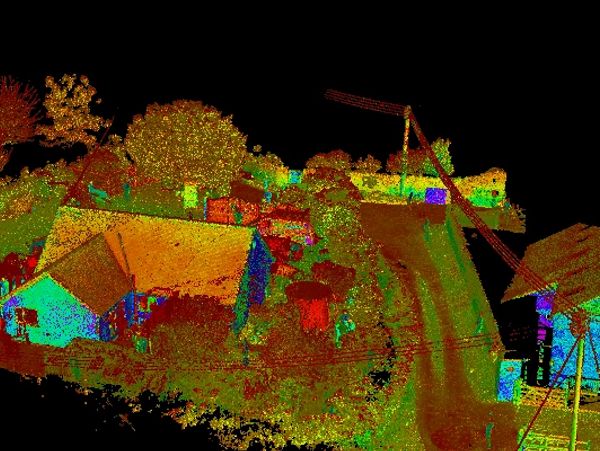 Colorful 3D point cloud of a rural scene with houses and vegetation.