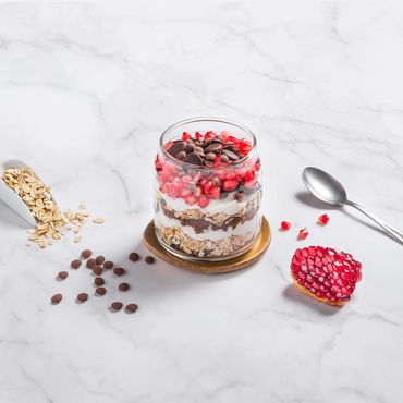 Quaker Oats overnight jar with pomegranate yoghurt and chocolate chips 