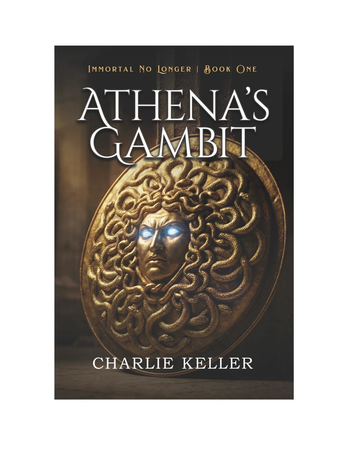 Book cover of "Athena's Gambit" featuring a glowing Medusa shield.