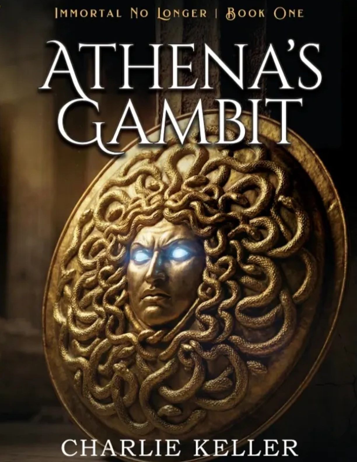 Book cover of "Athena's Gambit" featuring a glowing Medusa shield.