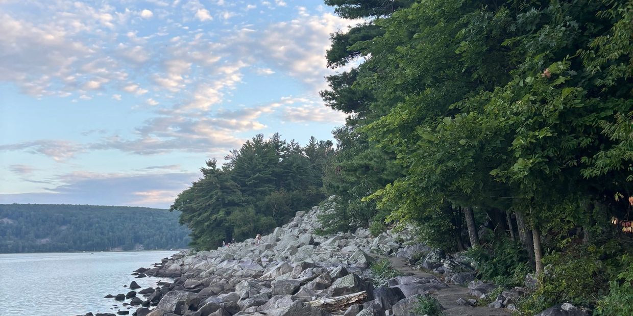 Rocky shoreline with trees and a calm lake under a partly cloudy sky.