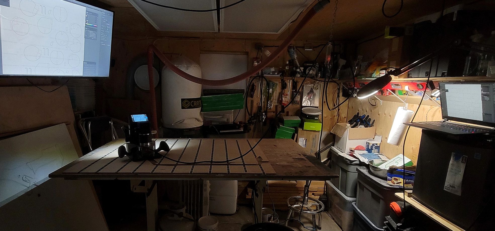 My humble studio with lights out, ready to cut elements for my pieces.