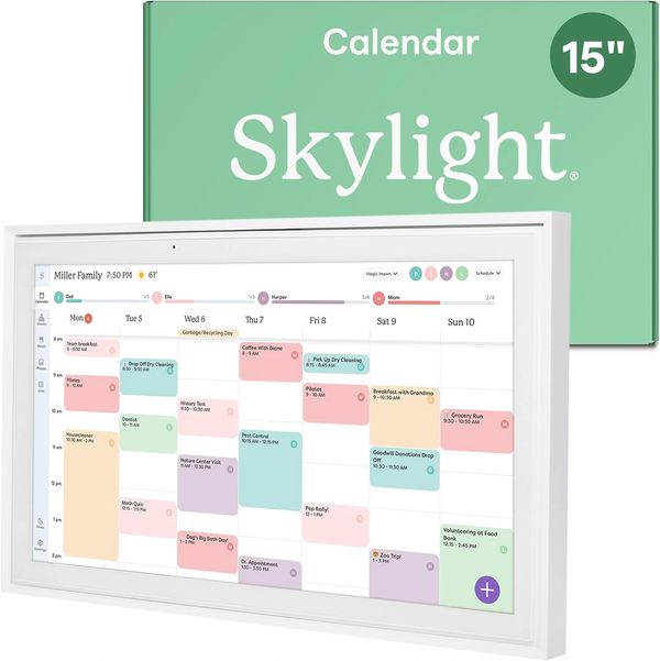 Skylight 15" digital calendar showing a detailed weekly family schedule.
