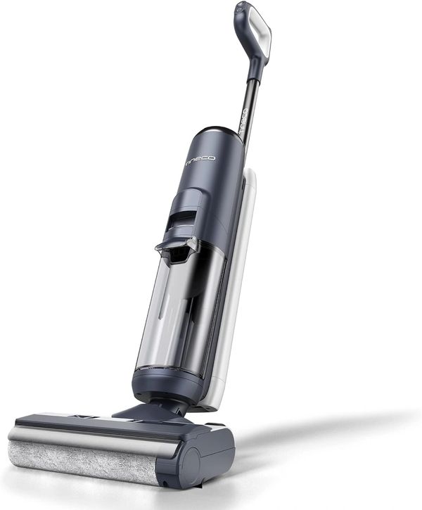 Modern cordless vacuum cleaner with sleek design and transparent dust container.