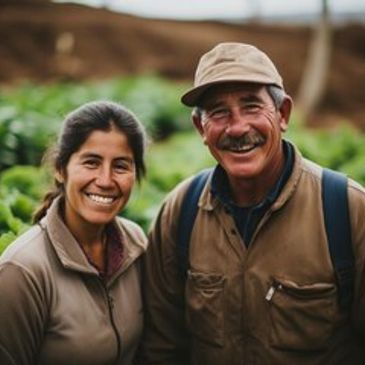 Smiling farmers standing together in a field.