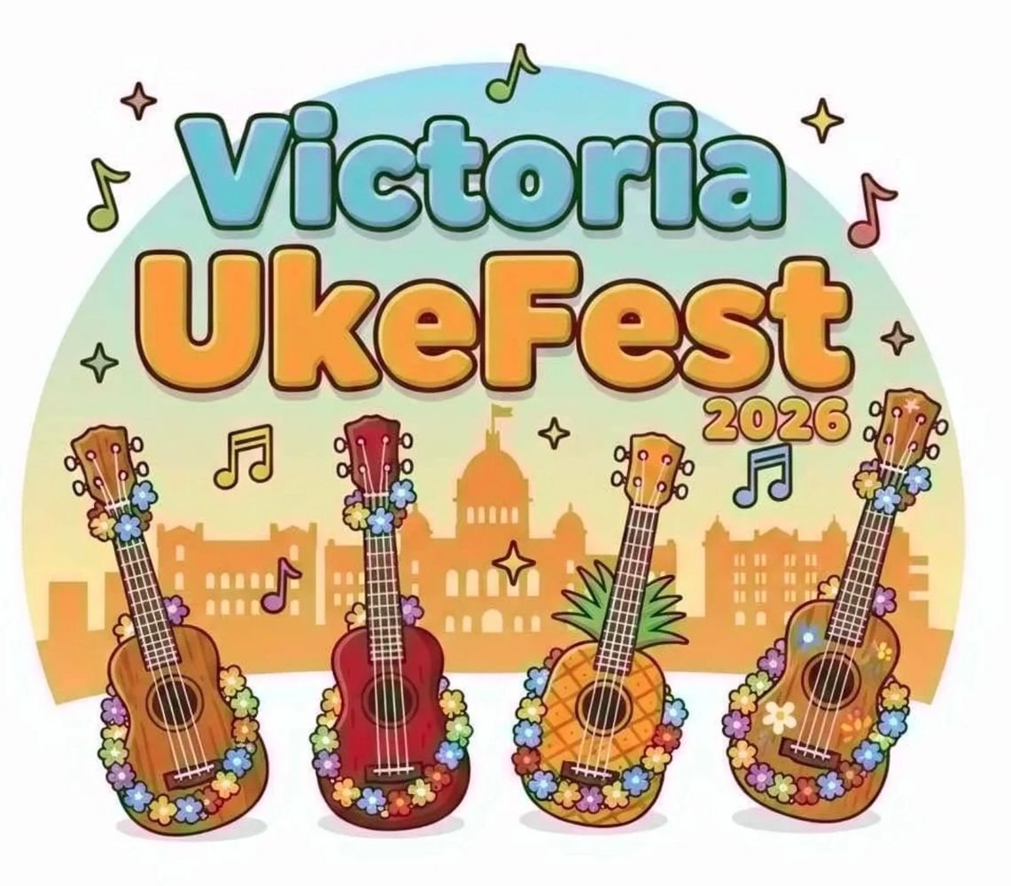 Colorful ukuleles with flowers promoting Victoria UkeFest 2026.
