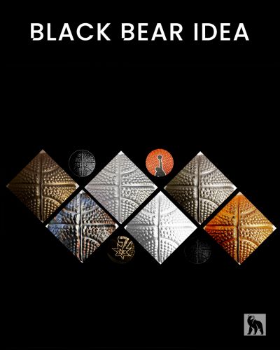 Abstract geometric design with textured diamond shapes and Black Bear Idea text.