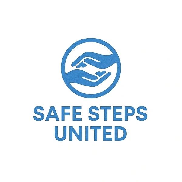 Logo of Safe Steps United with two blue hands and text.