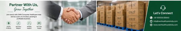 Business partnership handshake with OWN Consumer Healthcare India and product boxes.