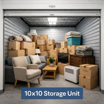 10x10 storage unit packed with furniture and boxes.