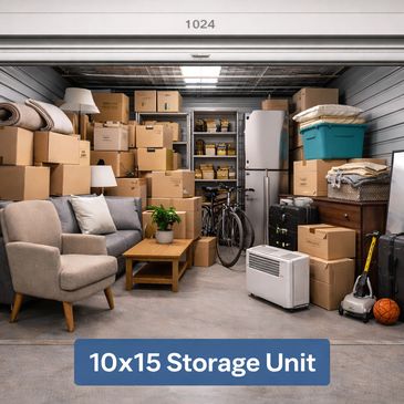 A 10x15 storage unit filled with boxes, furniture, and household items.