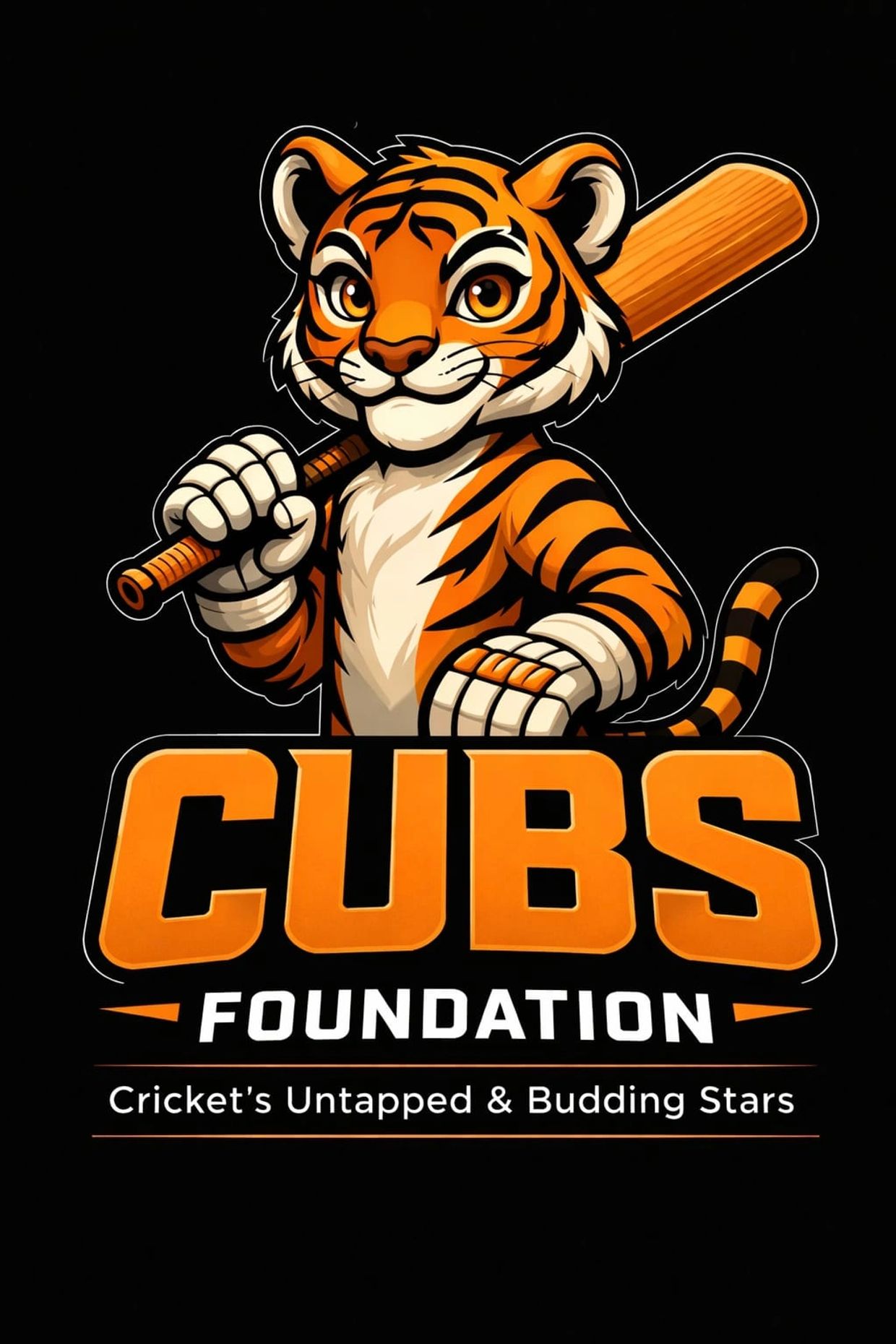 A tiger cub mascot holding a cricket bat with the text 'Cubs Foundation'.