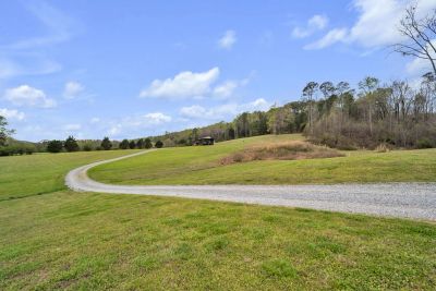 Winding gravel road through grassy landscape under blue sky.