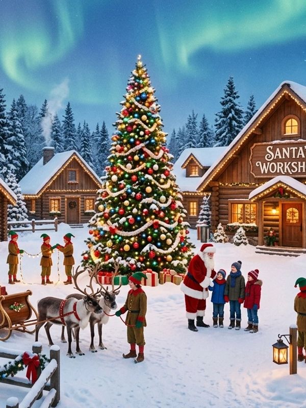 Santa greets children near a decorated Christmas tree in a snowy village with northern lights.