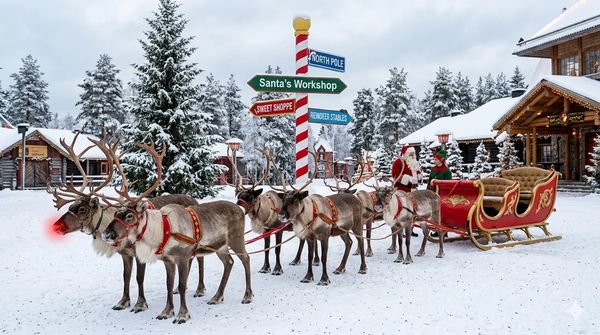 Santa's sleigh with reindeer in a snowy North Pole village.