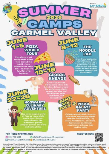 Colorful flyer for 2026 Carmel Valley summer camps with pizza, baking, cooking, and Pixar themes.
