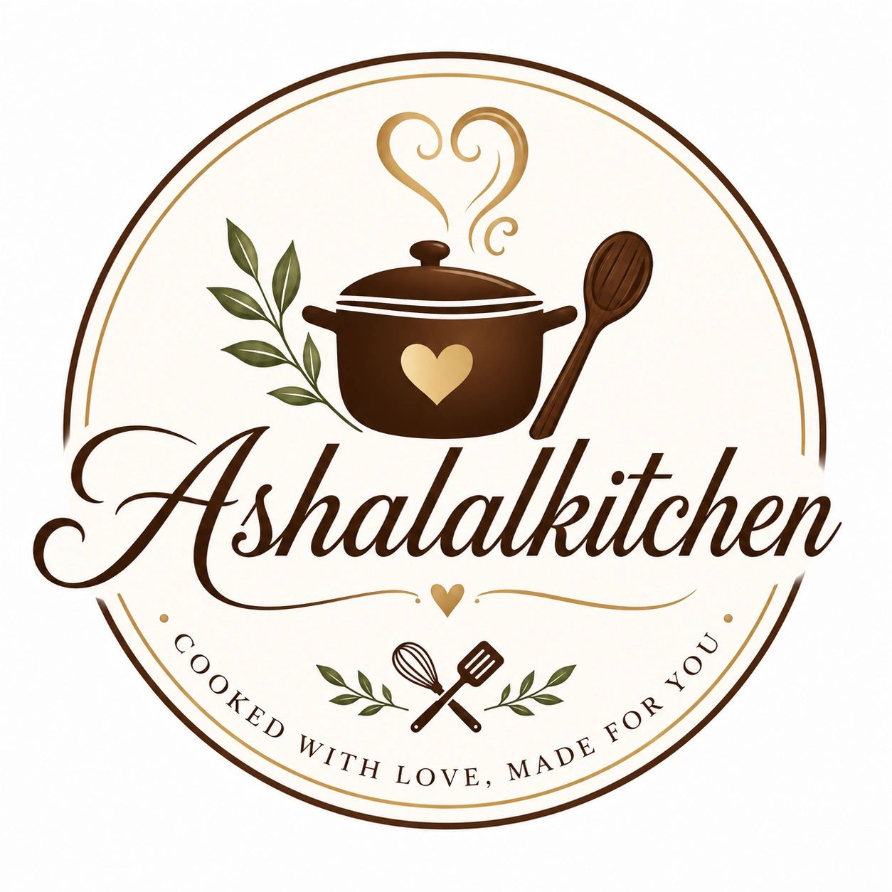 A stylish logo for Ashalalkitchen with cooking utensils and heart accents.